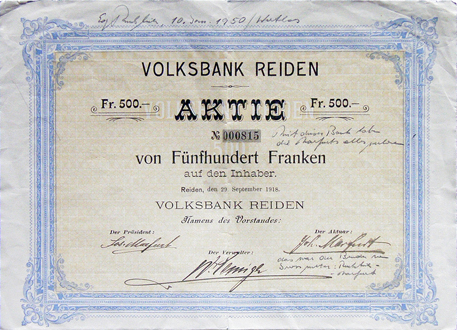 «Volksbank Reiden Aktie 1918»